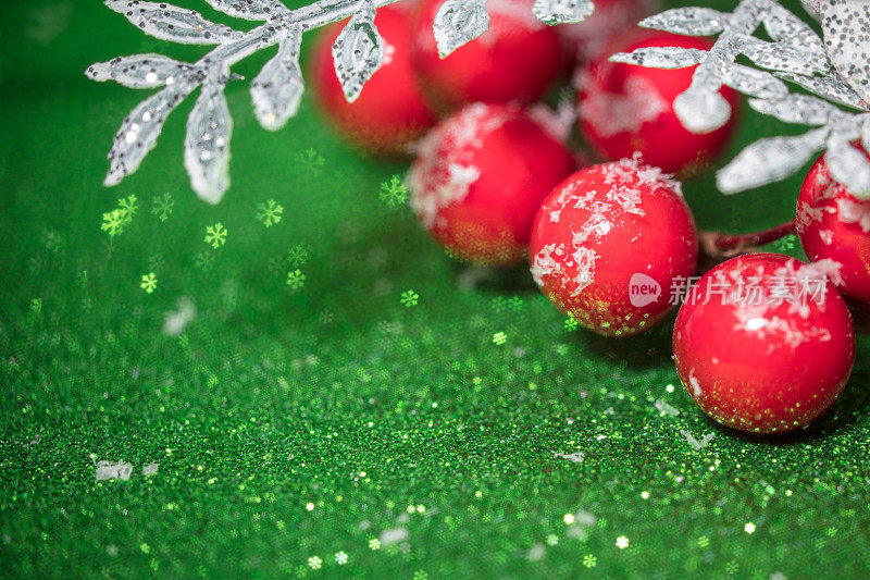 圣诞装饰-冬青浆果在绿色闪闪发光的背景