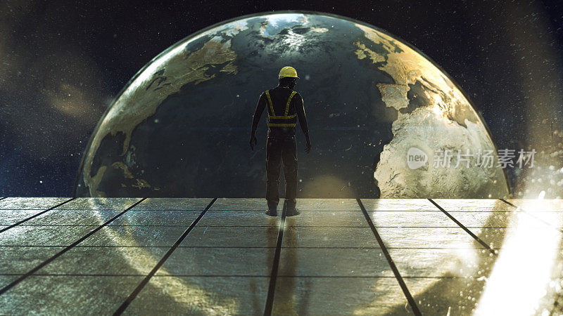 建筑人望着太空地球规划着地球的未来，在全球网络的概念中正在发生什么