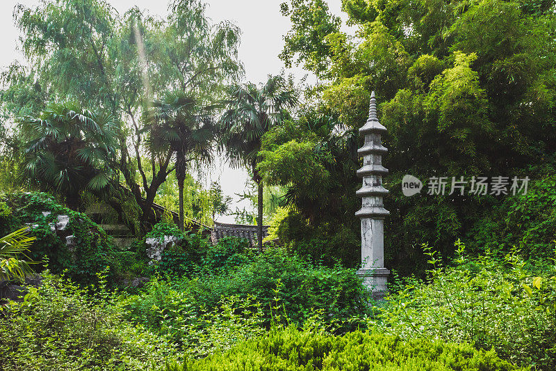 中国绍兴沈园景区的树木之间的石塔