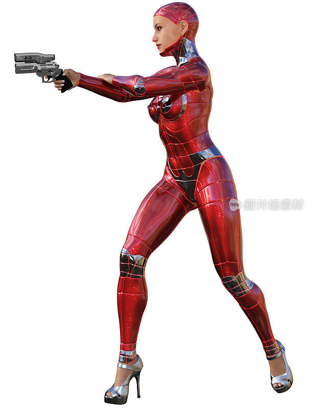 带枪的机器人女战士红色套装，3d插图
