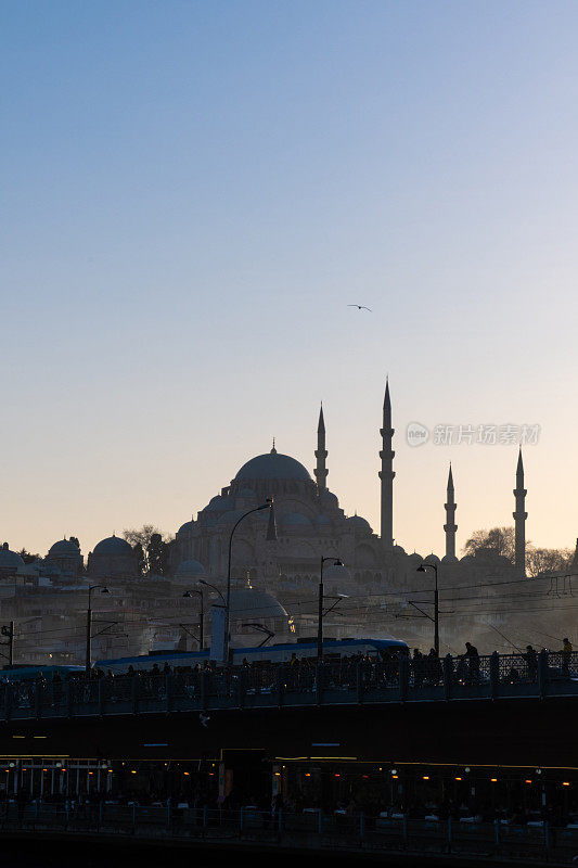 夕阳下的剪影在伊斯坦布尔，金角苏莱曼清真寺