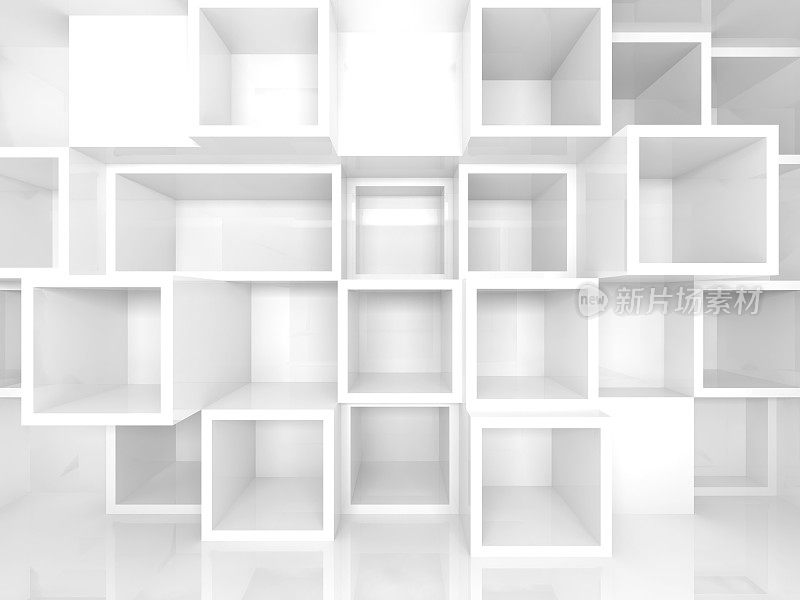 空3d内部与白色方形货架上的墙壁