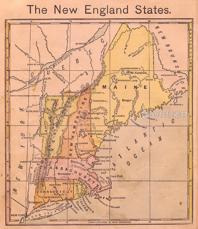 1867年，新英格兰州的旧彩色地图