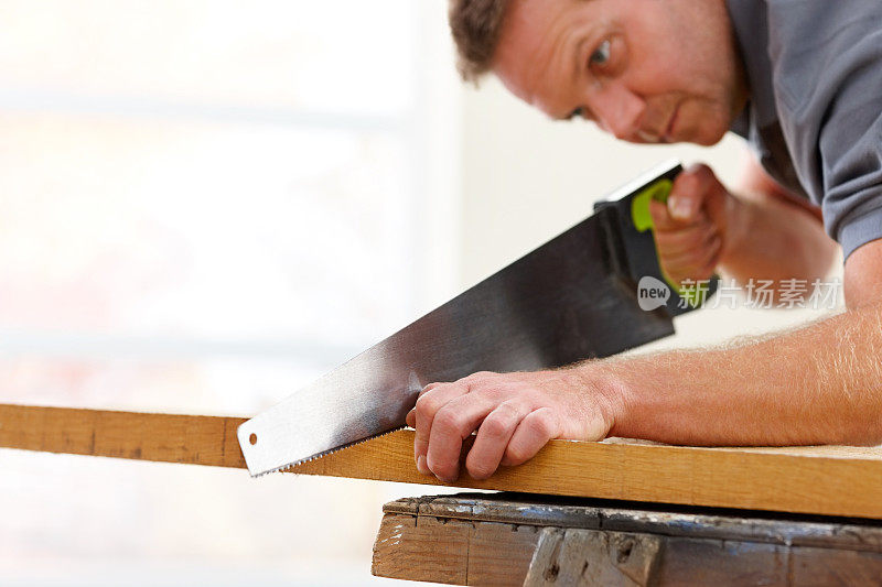 成熟的木匠用锯子切割木板