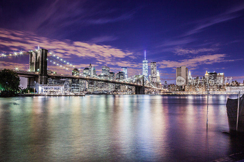 纽约曼哈顿的天际线和布鲁克林大桥的夜晚