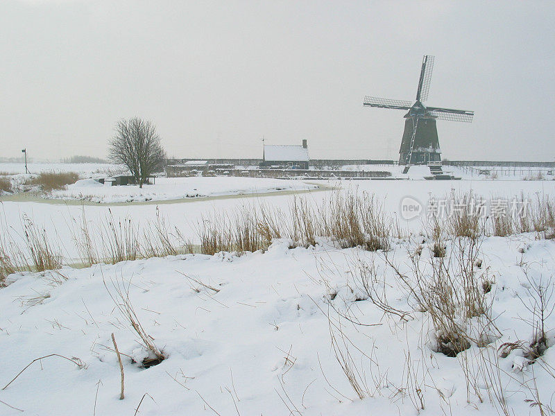 荷兰风车在雪景