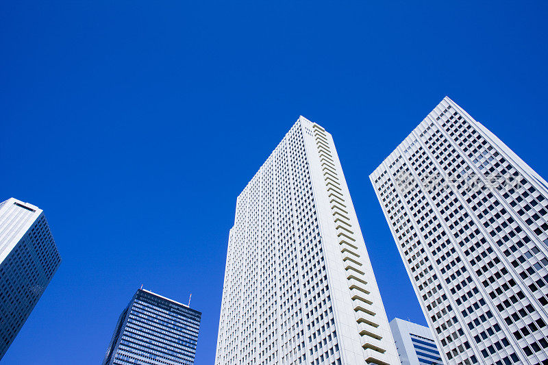 高耸的建筑群映衬着蓝天。日本东京都新宿区