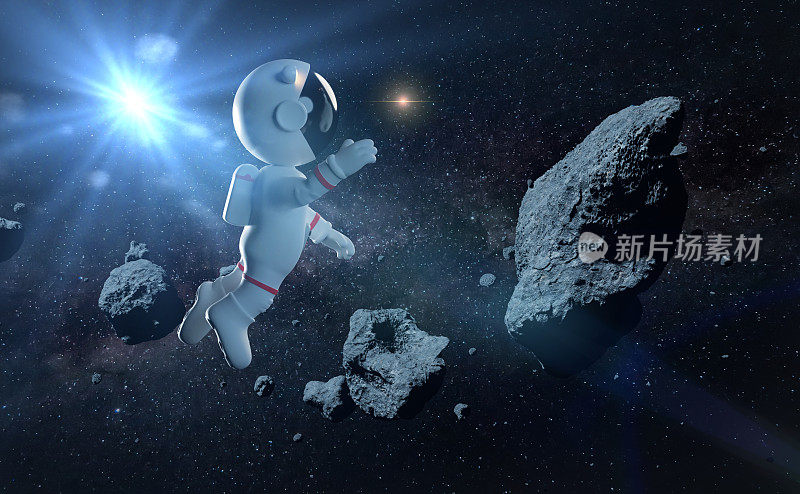 可爱的白色卡通宇航员在零重力空间的小行星之间飞行(3d插图)
