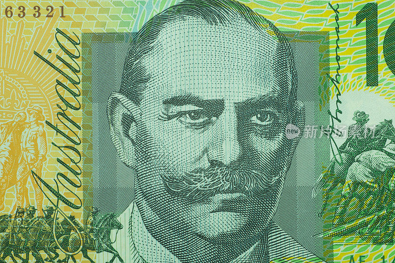 近距离观察澳元钞票。约翰·莫纳什的肖像出现在100澳元纸币上。采用1:1微距镜头拍摄。