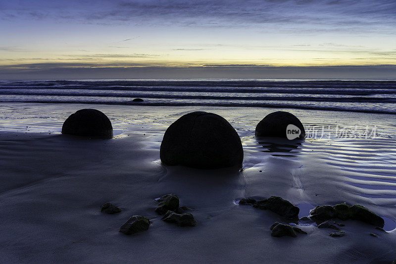 新西兰黎明时分的莫拉基巨石