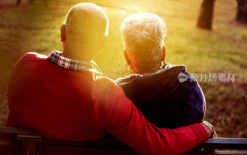 活跃的老年夫妇享受户外公园日落。