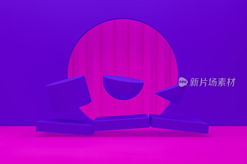 零重力3D场景，几何形状与空产品站，平台，抽象的最小紫色和粉红色的背景
