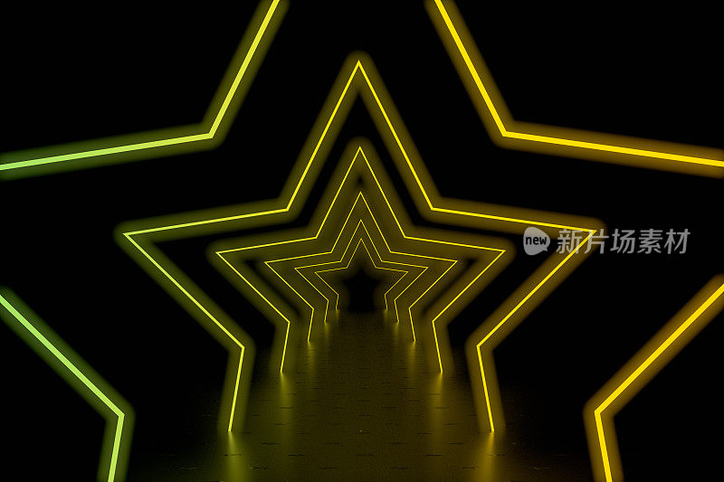 3d渲染抽象背景，星形发光线，光隧道，霓虹灯，虚拟现实概念。