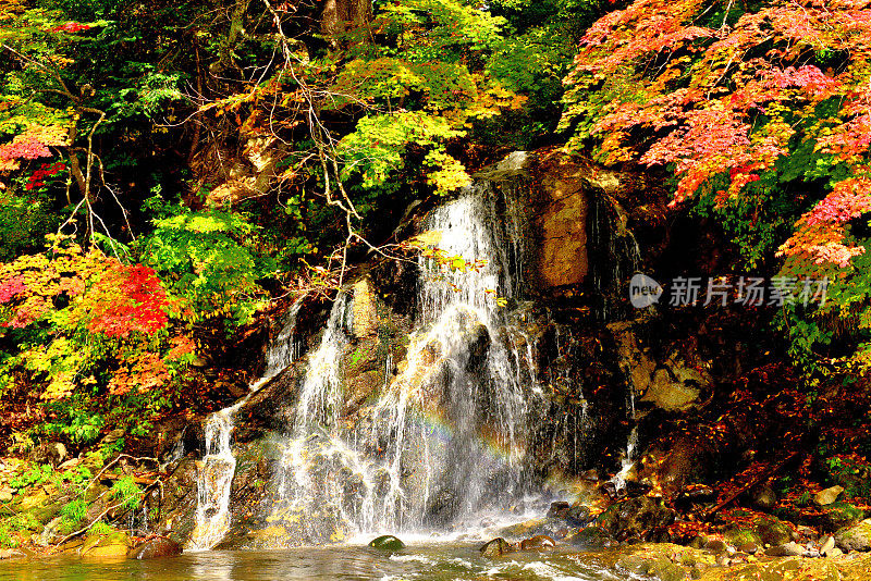 瀑布和秋色的中野百山公园，黑石，青森县