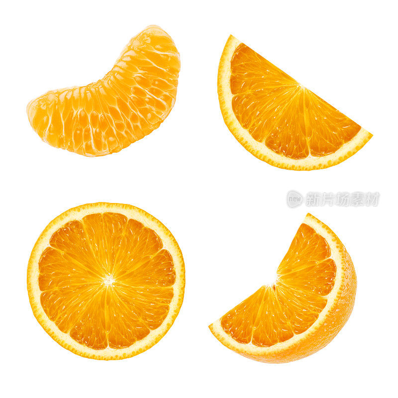 一组不同的切片甜橙水果孤立在白色的背景