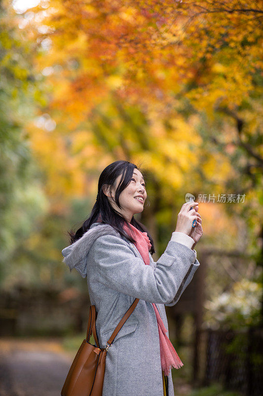 独自旅行的女人在秋叶下拍照