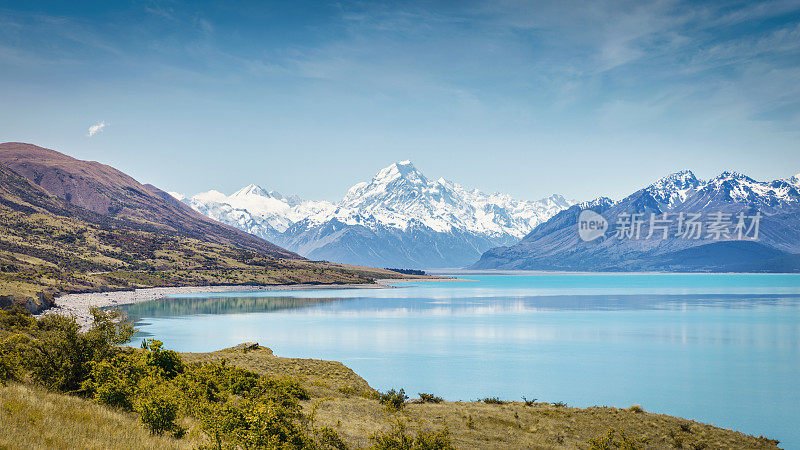 新西兰普卡基湖库克冰川全景图