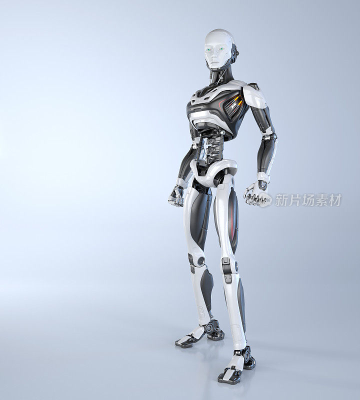 机器人机器人摆姿势在一个浅灰色的背景。