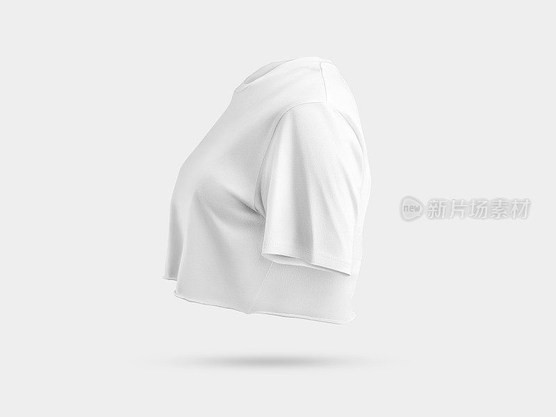白色t恤模板与裁剪底部，3D渲染侧视图，女性空裁剪上衣适合胸部，孤立的背景。