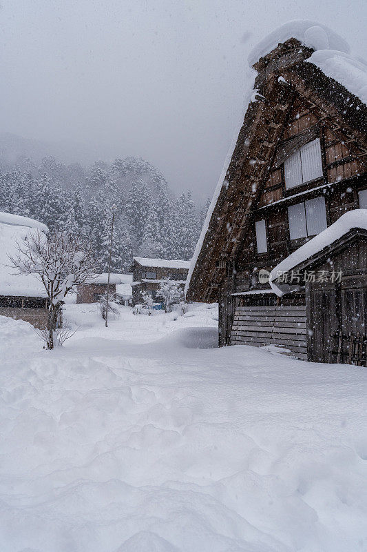 白川村的日本冬天积雪很厚