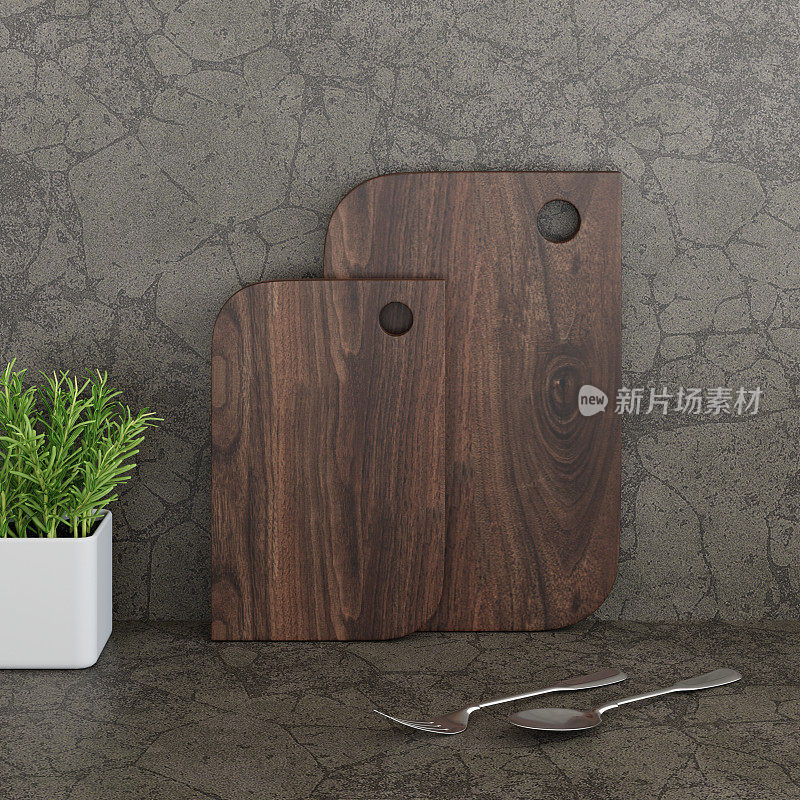 三维渲染方形深色木制切菜板在深色混凝土W