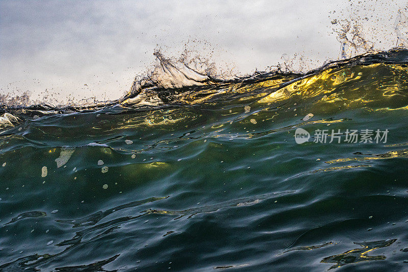 近距离的海浪碰撞在温暖的金色光线中创造图案