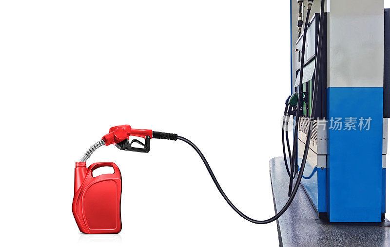 汽油泵喷嘴为白色背景的红色加仑加油