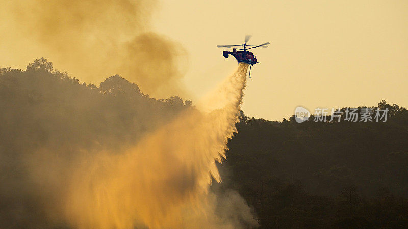 消防直升机向森林火场洒水