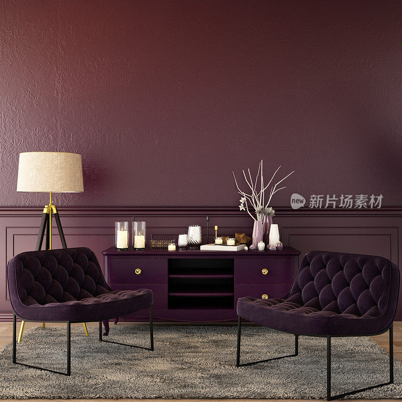 经典风格的家居设计，餐具柜装饰，木地板天鹅绒扶手椅，紫色墙壁，3d渲染，3d渲染