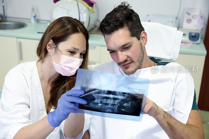 牙科医生正在牙科诊所与病人分析x光影像
