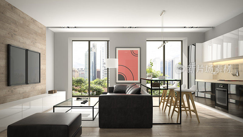 现代室内镶木地板和黑色沙发3D渲染