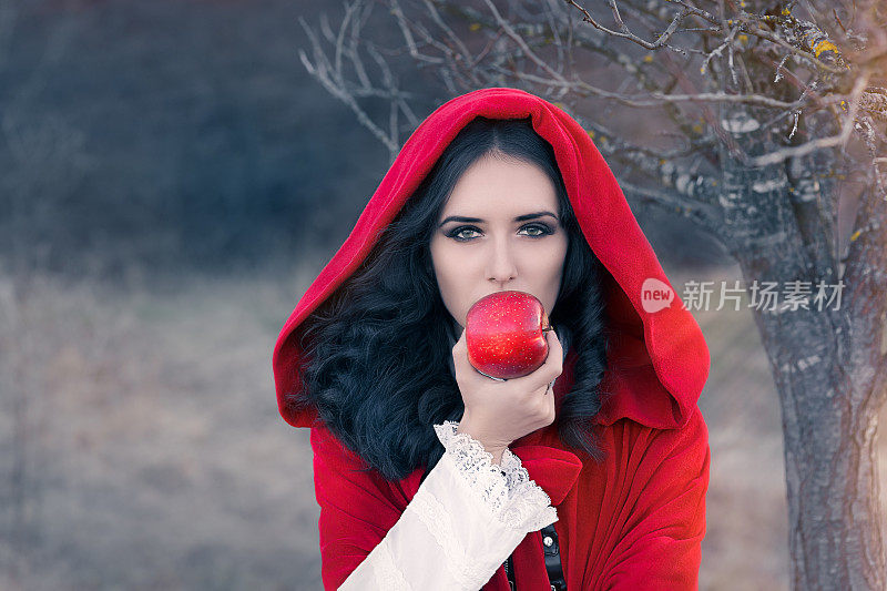 红头巾的女人拿着苹果童话肖像