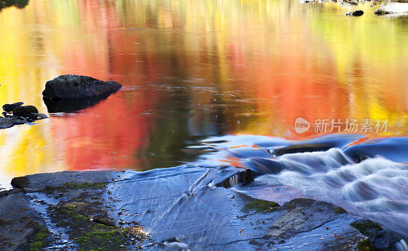强烈的秋色反射在宁静的水面上