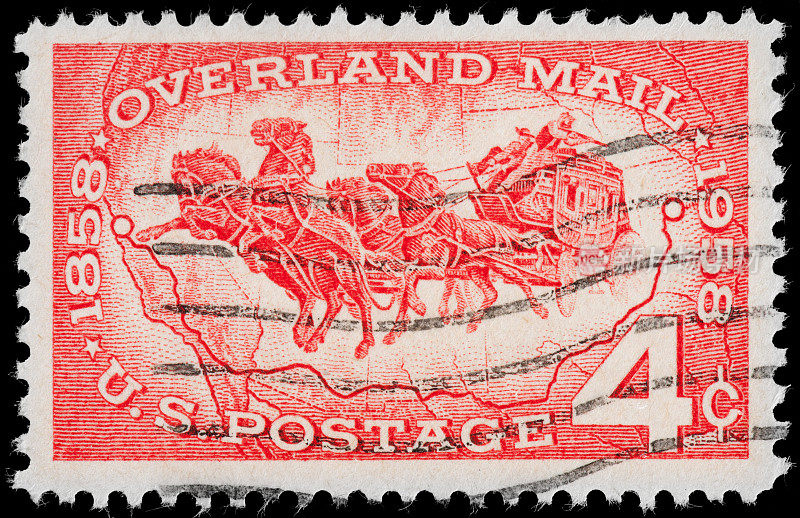 陆路邮件，公共马车，马匹和美国地图邮票