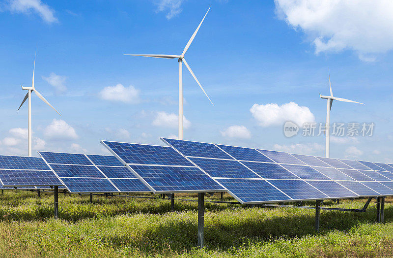 太阳能电池板光伏和风力涡轮机在发电站