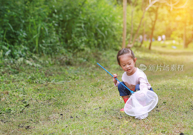 一个亚洲女孩在夏天用虫网在田野里玩。