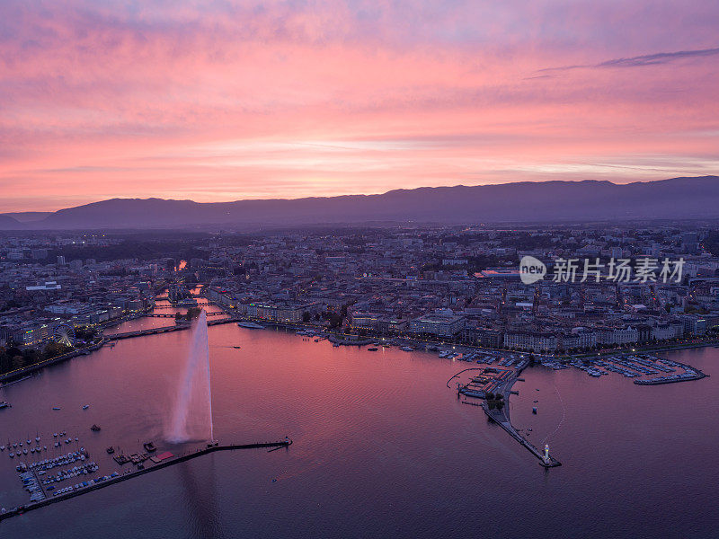 日落中的日内瓦城市景观