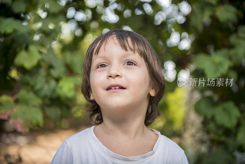 肖像可爱的小女孩抬头微笑的面部表情对模糊的树木区域