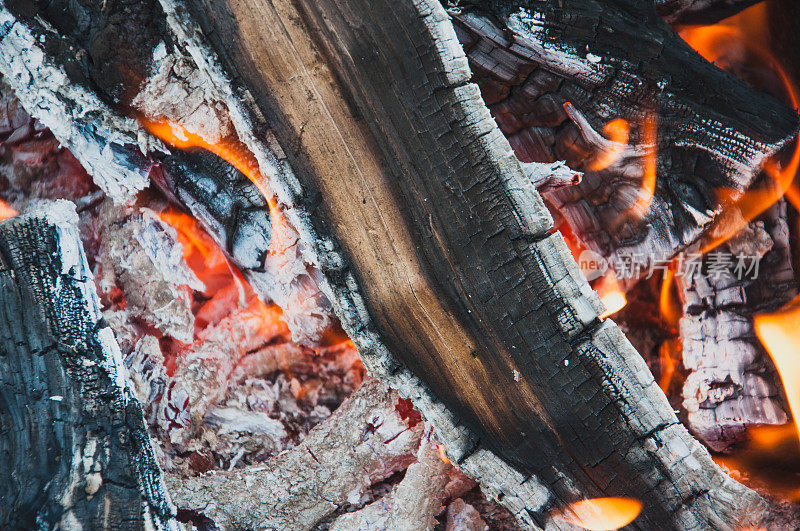 烧烤的背景。燃烧着的煤和木头上的火焰