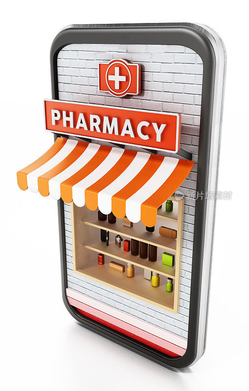 智能手机屏幕内的药店标识、货架和药物