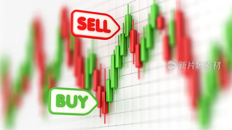 股票市场图表上有绿色和红色的蜡烛。利润和金钱。财务和商业图表。买卖概念。股市波动3d插图。