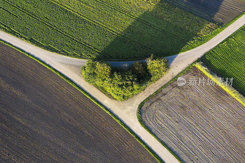 道路之间的农业领域，鸟瞰图