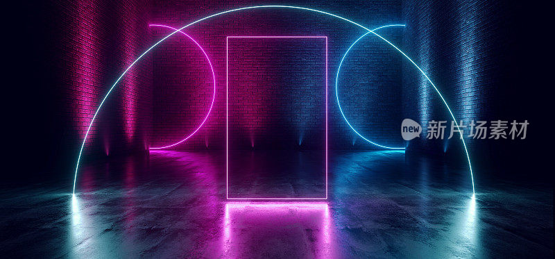 霓虹发光的紫色蓝色仓库地下车库隧道走廊圆形灯工作室俱乐部舞蹈混凝土砖墙空3D渲染