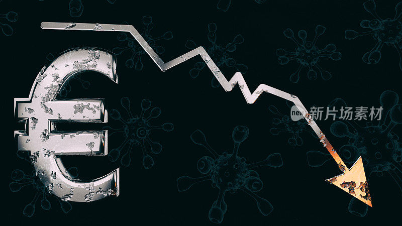 欧元货币符号、冠状病毒3d图像和金融市场崩溃图标的3d渲染黑色背景