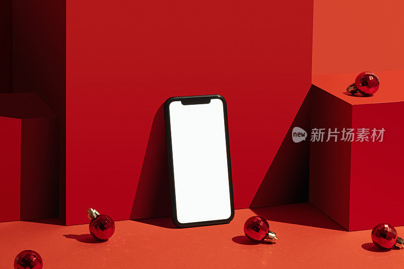 智能手机模型，红色背景上的模板