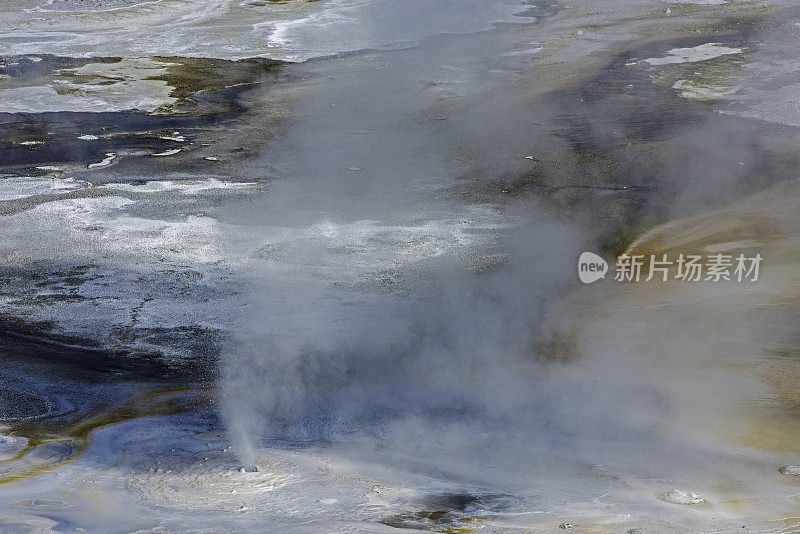 诺里斯间歇泉盆地在黄石国家公园，它是公园里最热的间歇泉盆地。瓷盆内有温泉、热藻类;蒸汽和各种颜色。细菌的嗜热微生物。