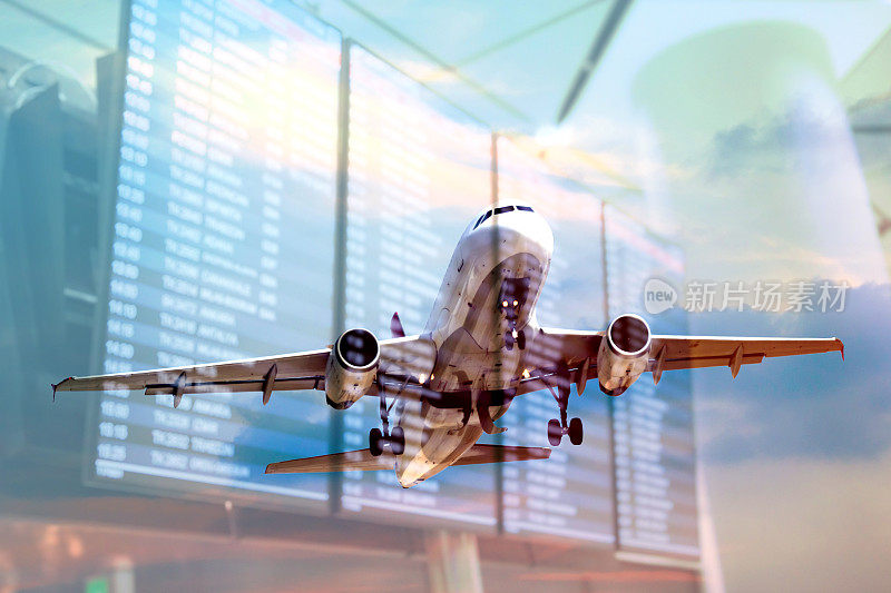 飞机和航班信息屏幕双重曝光概念