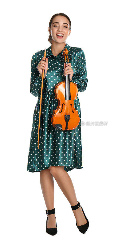 美丽的女人与小提琴在白色的背景