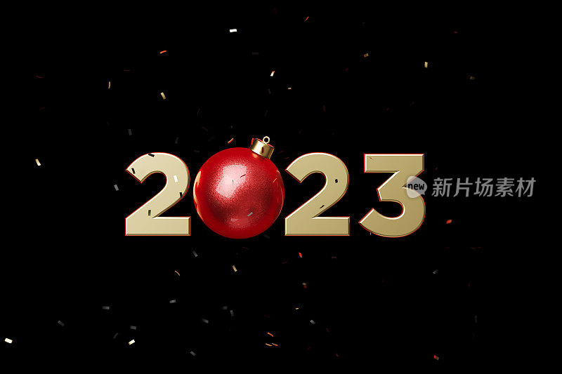 金色2023和红色圣诞装饰物形成2022年在落下的五彩纸屑在黑色背景下