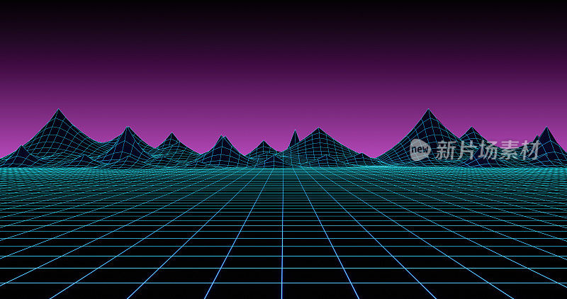 80年代的复古网络景观。3D未来主义插画与山脉的复古风格。复古未来主义专辑封面。